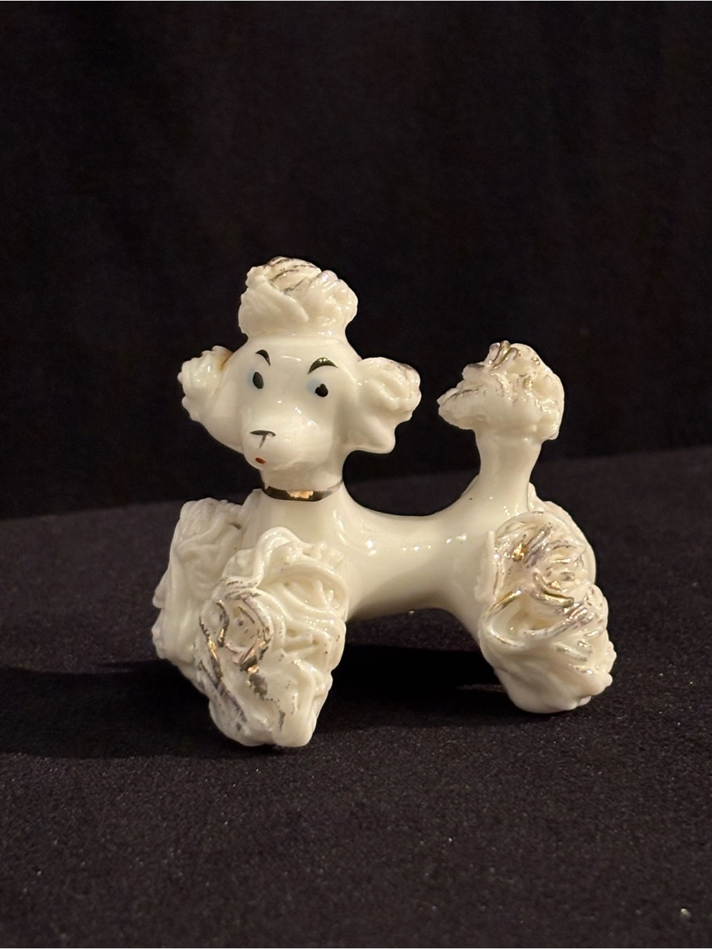 Vintage MCM Ceramic White Spaghetti Poodle Dog Figurine Gold Trim